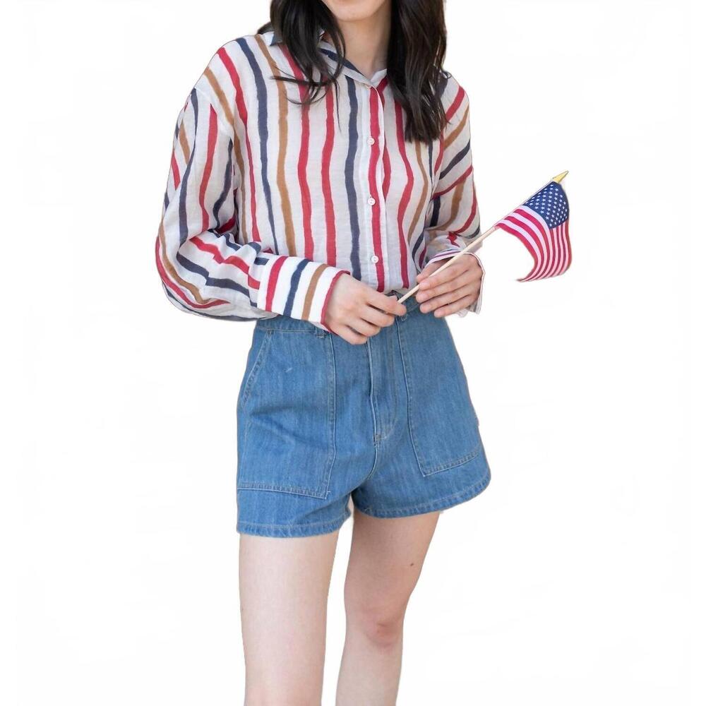 NEW Q2 american stripes chiffon button down blouse in red/blue/white